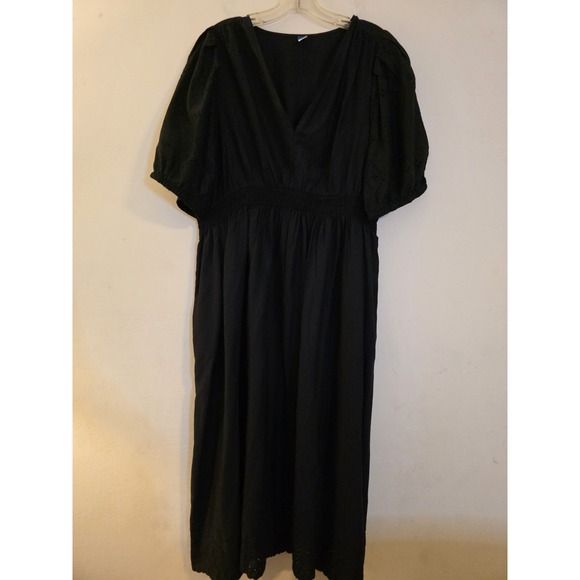 Old Navy Sz XL Blk V-NeckEyelet 3/4 Balloon Sleeve Maxi Dress   Cottagecore Chic - Picture 1 of 9
